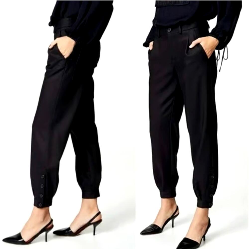 Nili Lotan 4 Slouchy Wool Bertina Jogger Pants Ankle Buttons Black NWT!